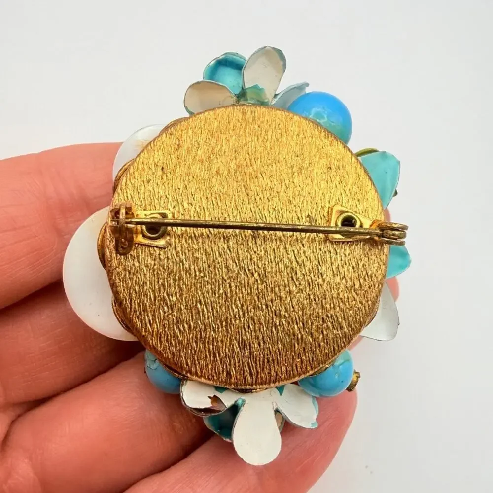 Vintage Enamel Flower Cluster Brooch Turquoise Blue Rhinestone MOP Pin